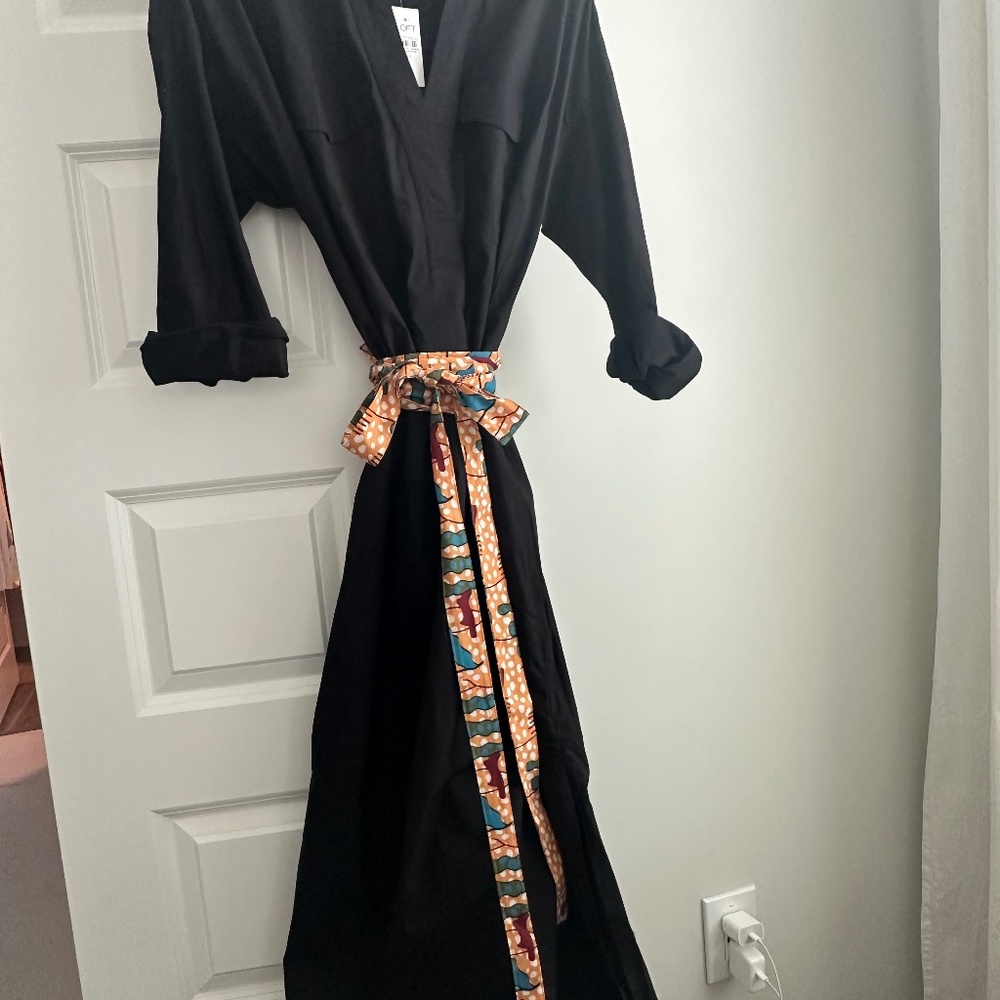 LOFT Black Midi Shirt Dress with Patterned Sash